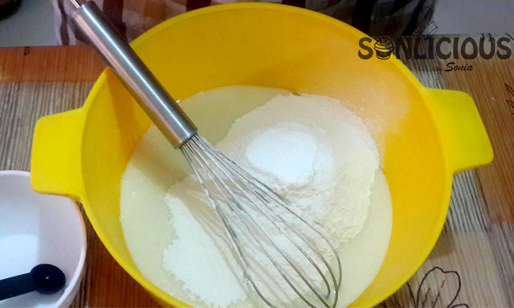 Dry and wet ingredients for Eggless Vanilla cake
